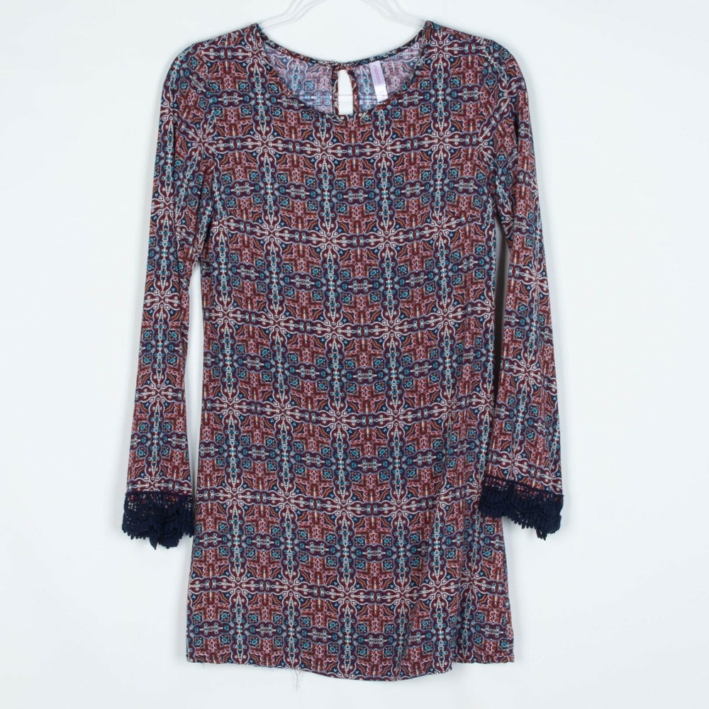 Xhilaration Womens Long Sleeve Geometric Mini Dress Size S Crochet Cuffs Boho